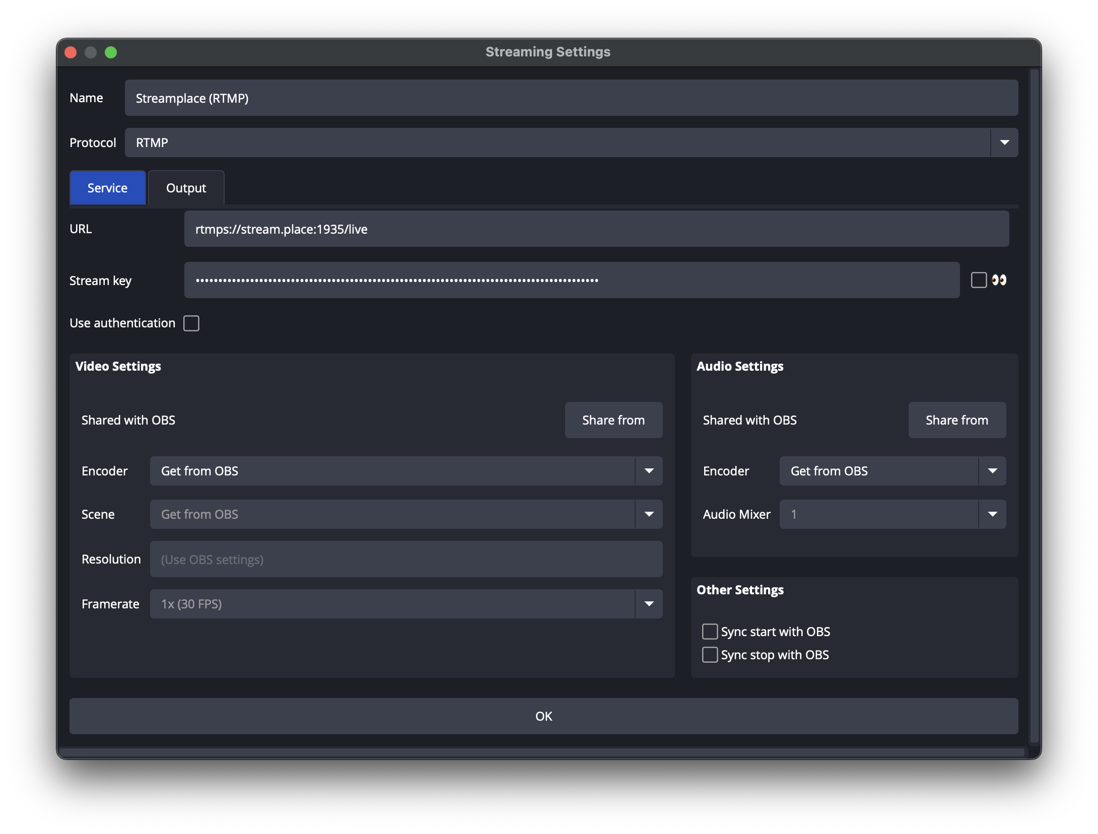 Multistreaming settings in OBS using obs-multi-rtmp plugin.